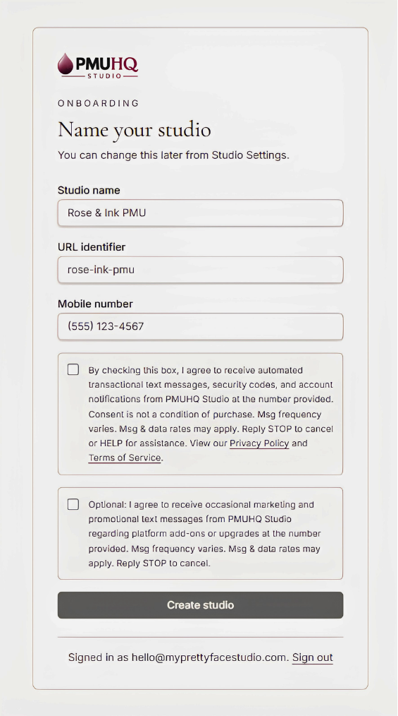PMUHQ Studio account sign-up form showing the mobile number field with separate transactional and marketing SMS consent checkboxes, both unchecked by default